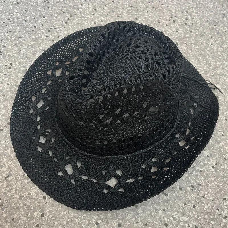 Summer Women's Men's Ethnic Style Western Cowboy Straw Hat Punk Style Handmade Hollow Sun Hat Rolled Edge Sunscreen Beach Cap