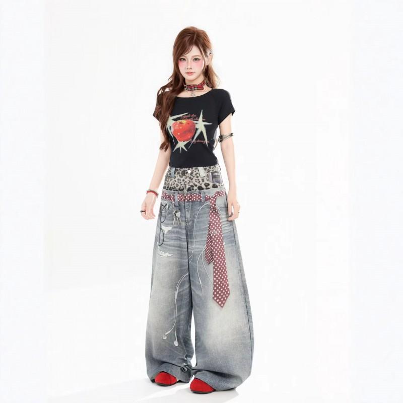Unisex Wide Leg Denim Pants With 3D Print Leopard Patchwork Relaxed Fit Mid-Waist Stretch Cotton Jeans Streetwear