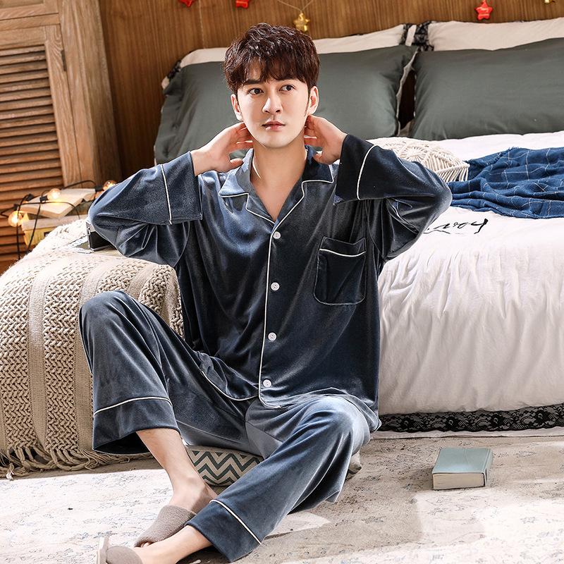 Pijamale de cuplu din catifea aurie - Set cardigan cu mânecă lungă de toamnă/iarnă pentru femei, Modă coreeană, Haine de casă casual