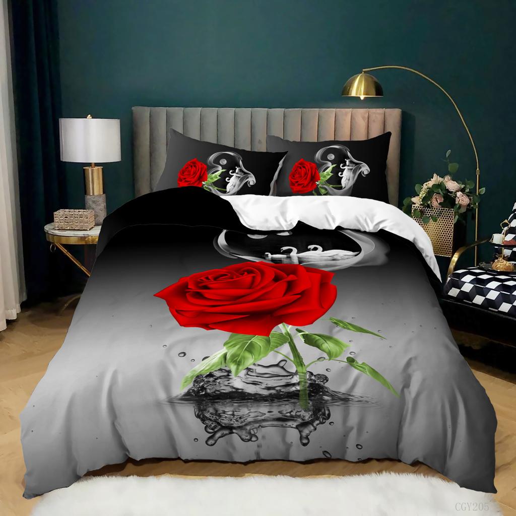 Comforter Pink Rose Queen Size 3D Printed Rose Floral Bedding Set Botanical Blossom Flowers Comforter
