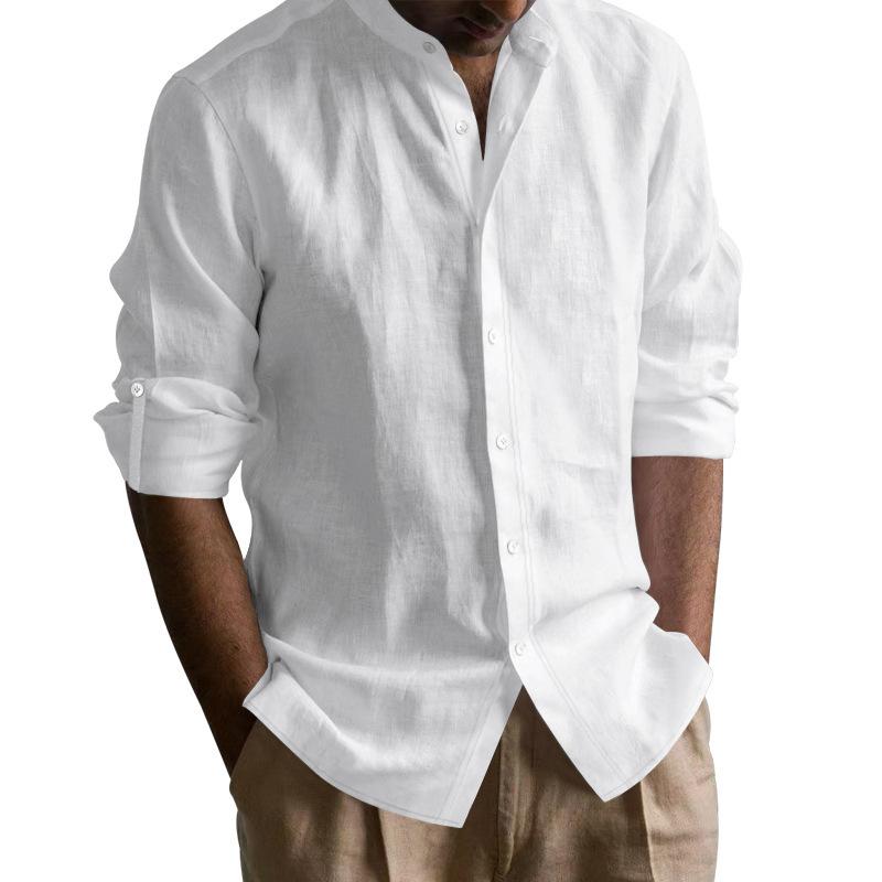 Cotton Linen Hot Sale Men's Long-Sleeved Shirts Summer Solid Color Stand-Up Collar Casual Beach Style Plus Size