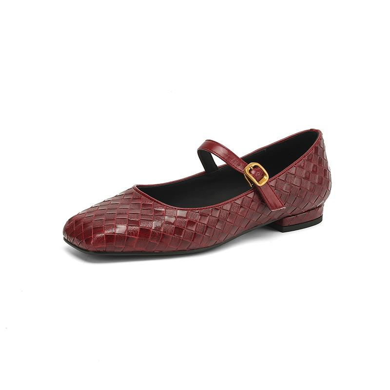 Fashion Women's new genuine leather printed cowhide square head metal elastic belt buckle low heel plus size Mary Jane single shoe