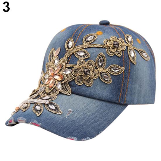 Flower Embossed Rhinestone Denim Baseball Cap Summer Fashion Women Jeans Hat