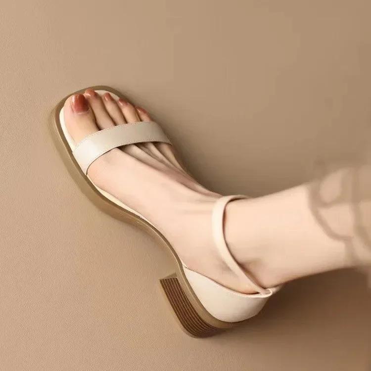 

Fashion 2025 Women Sandals Leather Shoes Ankle Strap Round Toe Thick Heels Sandals Buckle Strap Lady Footwear Summer Beige 34 бежевый
