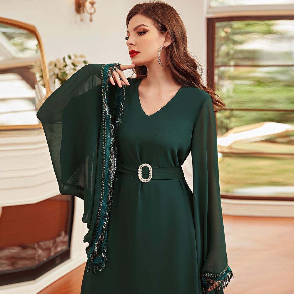 Women's Clothing Dark Green Chiffon Fringe Bell Sleeve Slim Fit Muslim Dress