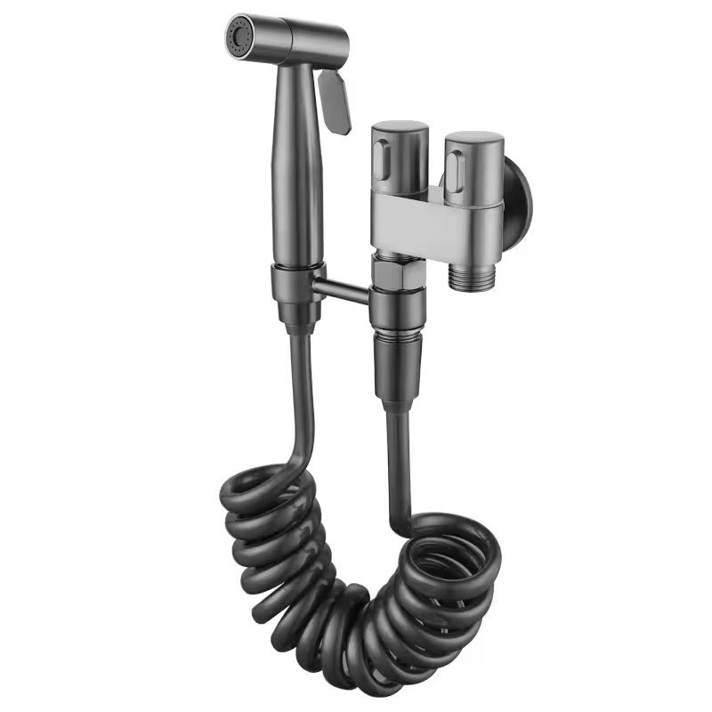 Stainless Steel Gun Grey Bathroom Bidet Sprayer Set for Toilet-adjustable Water Pressure Nozzle One Into Two
