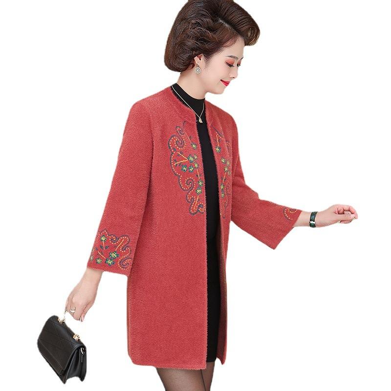 Mid Length Coat Foreign Style Middle-aged and Elderly Coat Middle-aged Mother's Autumn Outfit Imitation Mink Velvet Knitted Cardigan Top