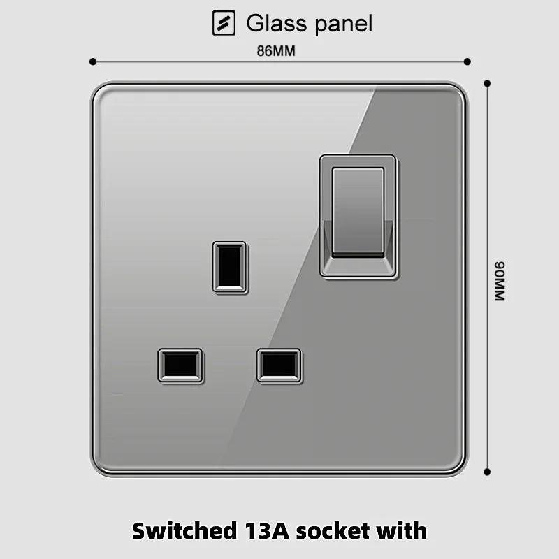 Deluxe Grey Tempered Glass Panel UK 13A Plug Electrical Socket, Double 5 Pin Socket and Switch, EU Universal USB C Wall Socket