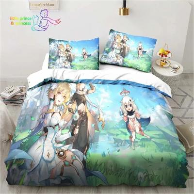 Zestaw pościeli z motywem anime Genshin Impact, drukowany w technologii 3D, odpowiedni do sypialni, zestaw poszewek na kołdrę z poszewkami na poduszki, tekstylia domowe dla dzieci