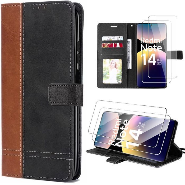 Coque + 2 Verres Trempés - Xiaomi - Redmi Note 14 Pro 5G - Protection 360 - Bicolore Marron - Cuir PU