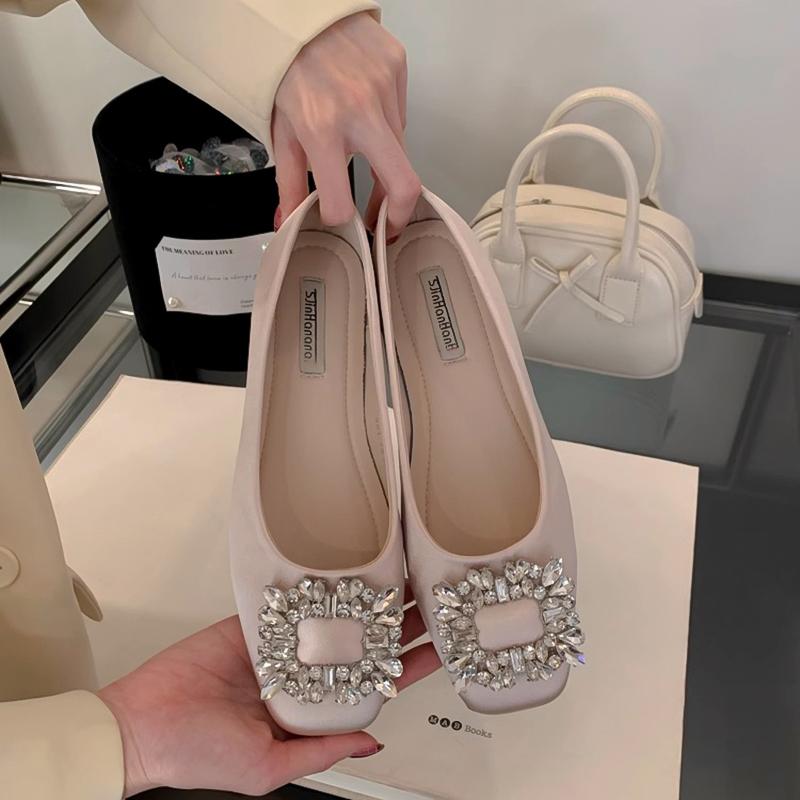 French square head rhinestone buckle flat-soled single shoes women's 2025 spring new fairy evening wind silk ladyshoes grandma shoes