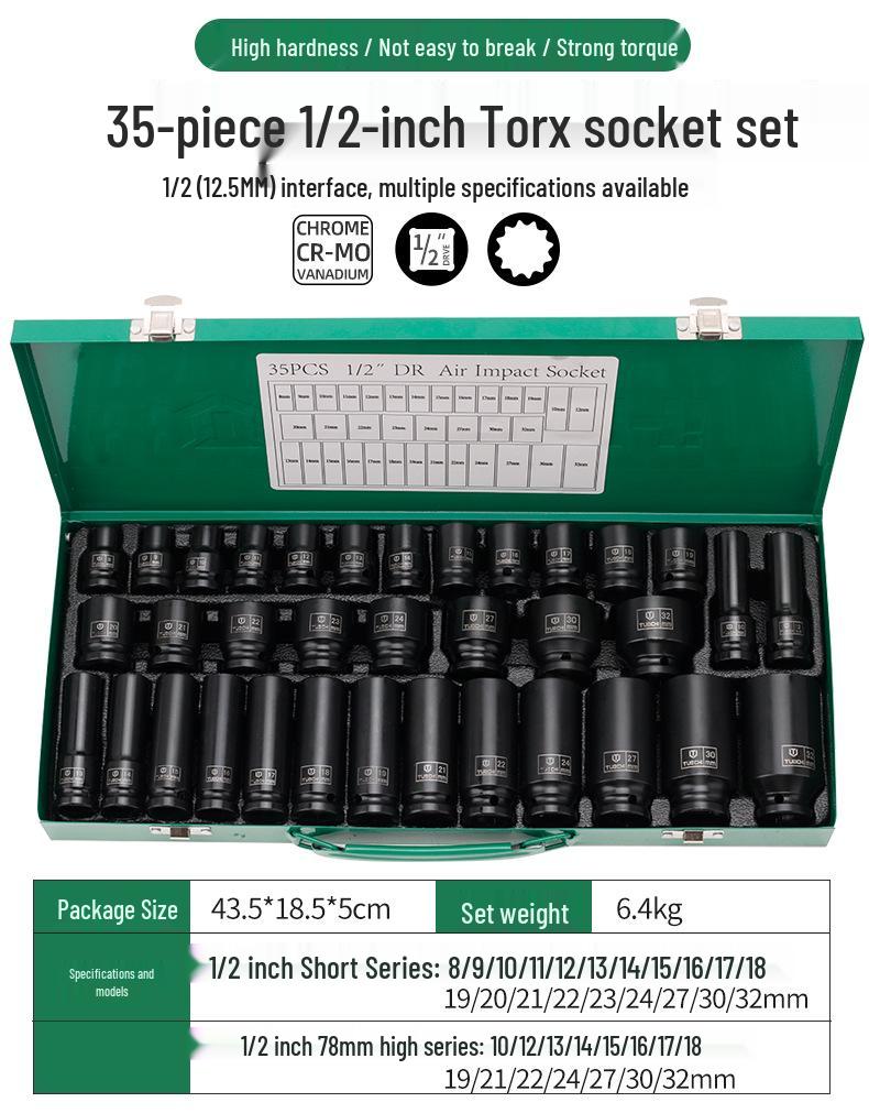 35-Piece 1/2\" Extended Hex Pneumatic Air Wrench Set with Torx Socket Heads (8-32mm) in Iron Box
