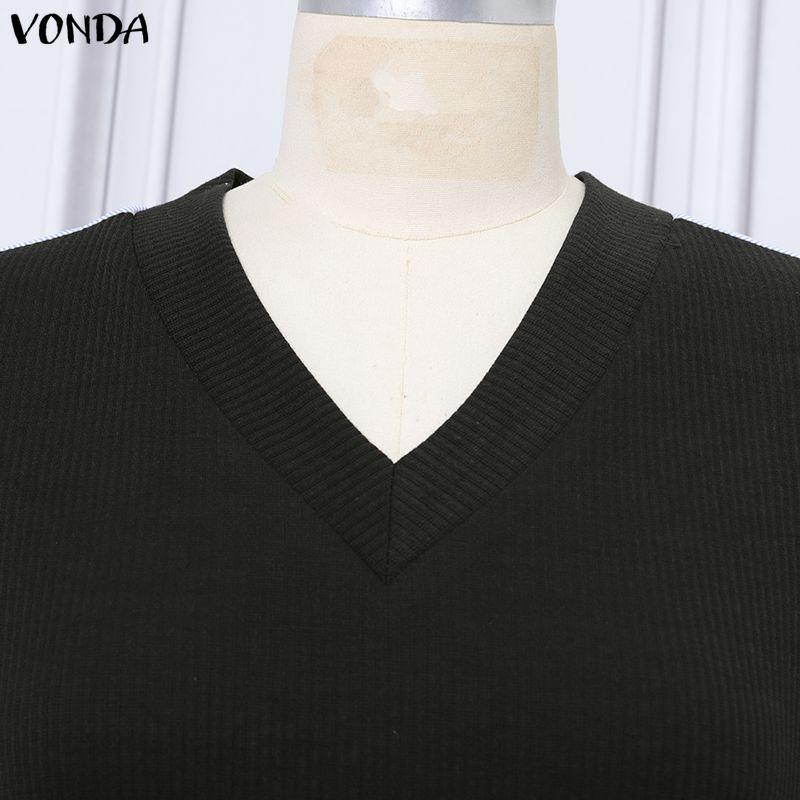 VONDA Autumn Women V Neck Long Sleeve Ribbed Striped Patchwork Casual Loose Blouse