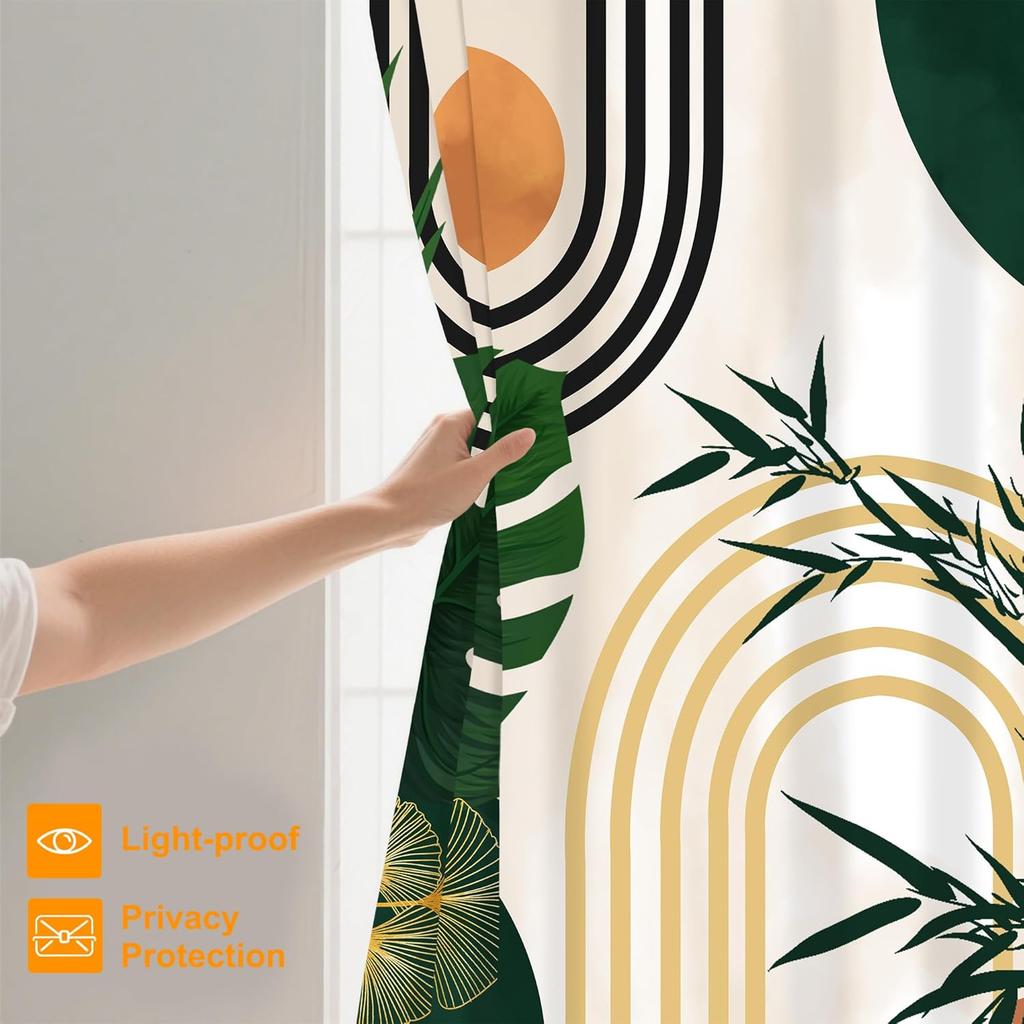 Modern Mid Century Green Leaves Boho Shower Curtain,Bathroom Shower Curtains Bathtub Home Decor Waterproof Fabric Machine Washab