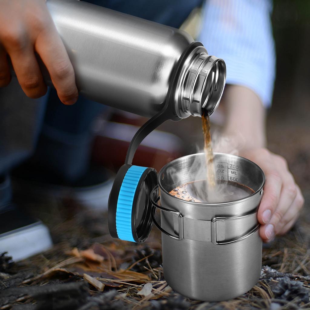 1000ml Stainless Steel Vacuum Insulated Water Bottle with 700ml Water Cup Hanging Pot for Outdoor Survival Camping