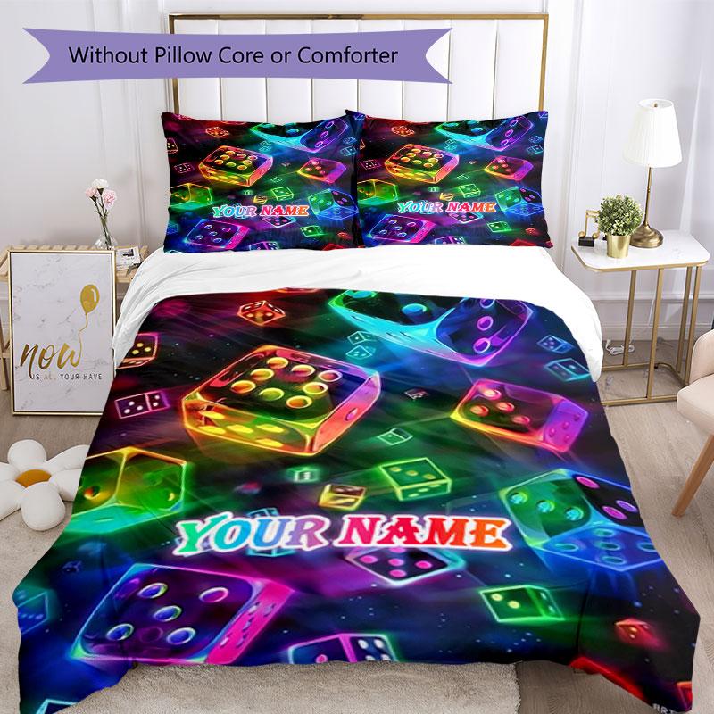 3pcs Custom Name Neon Dice Vibrance Bedding Set Printed Bedding Set Duvet Cover Closure Includes 1 Duvet Cover & 2 Pillowcases Bedroom Decor