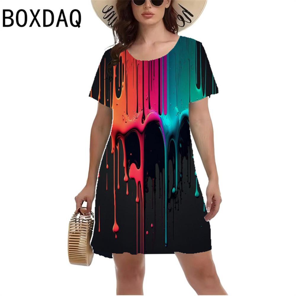 Women's Color Gradient Ink Printing Dress Short-sleeved Casual A-line Dress Summer Fashion Loose Mini