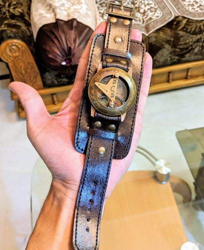 Sundial Wrist Watch Brass Compass & Leather Straps Nautical Steampunk Handmade