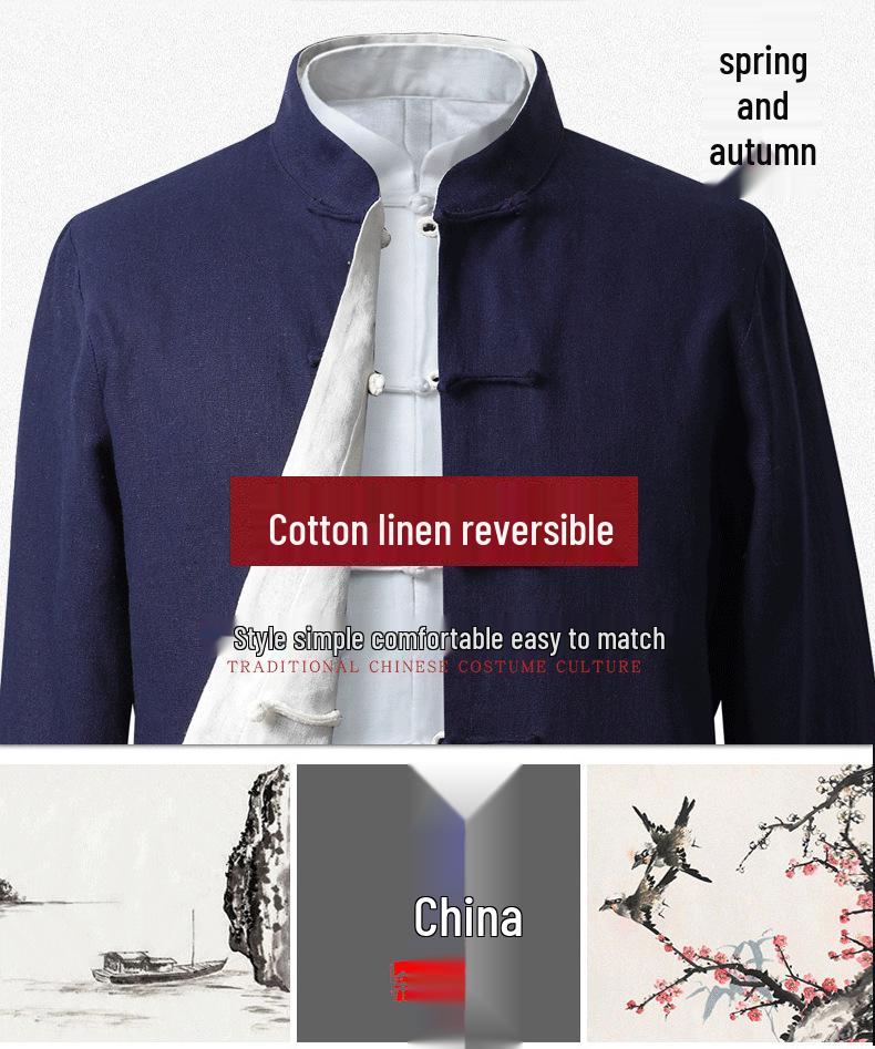 Men's Double-Sided Chinese Style Linen Jacket - Retro Cotton Top with Long Sleeves