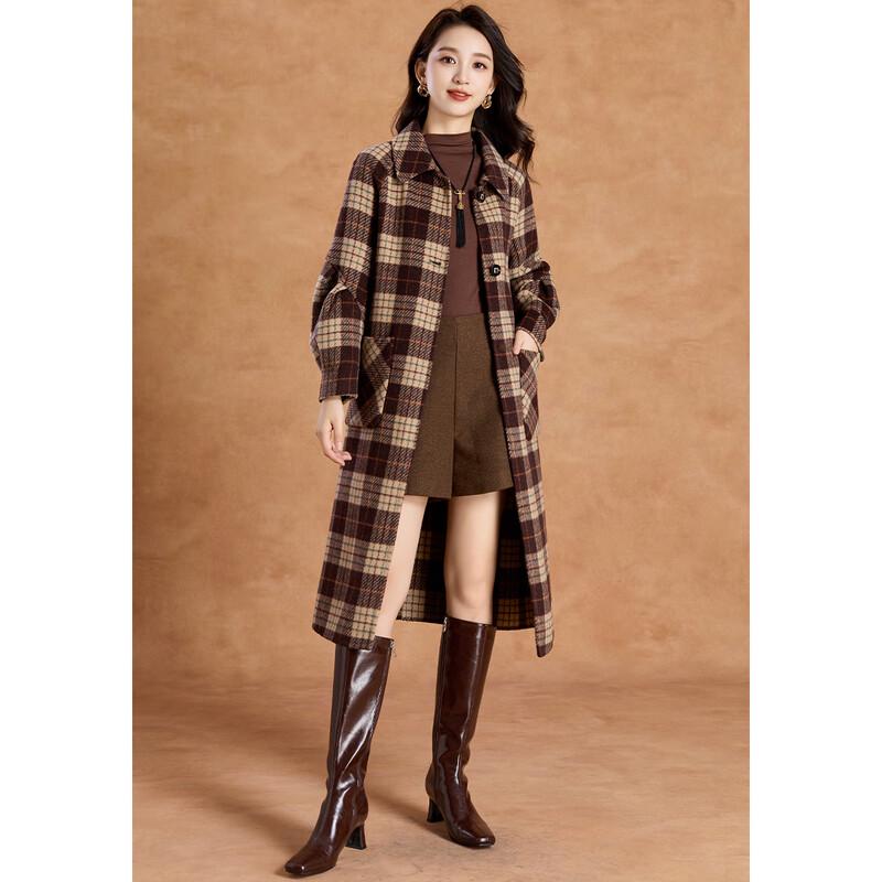 Women's Elegant Vintage Plaid Wool Blend Mid-Length Coat