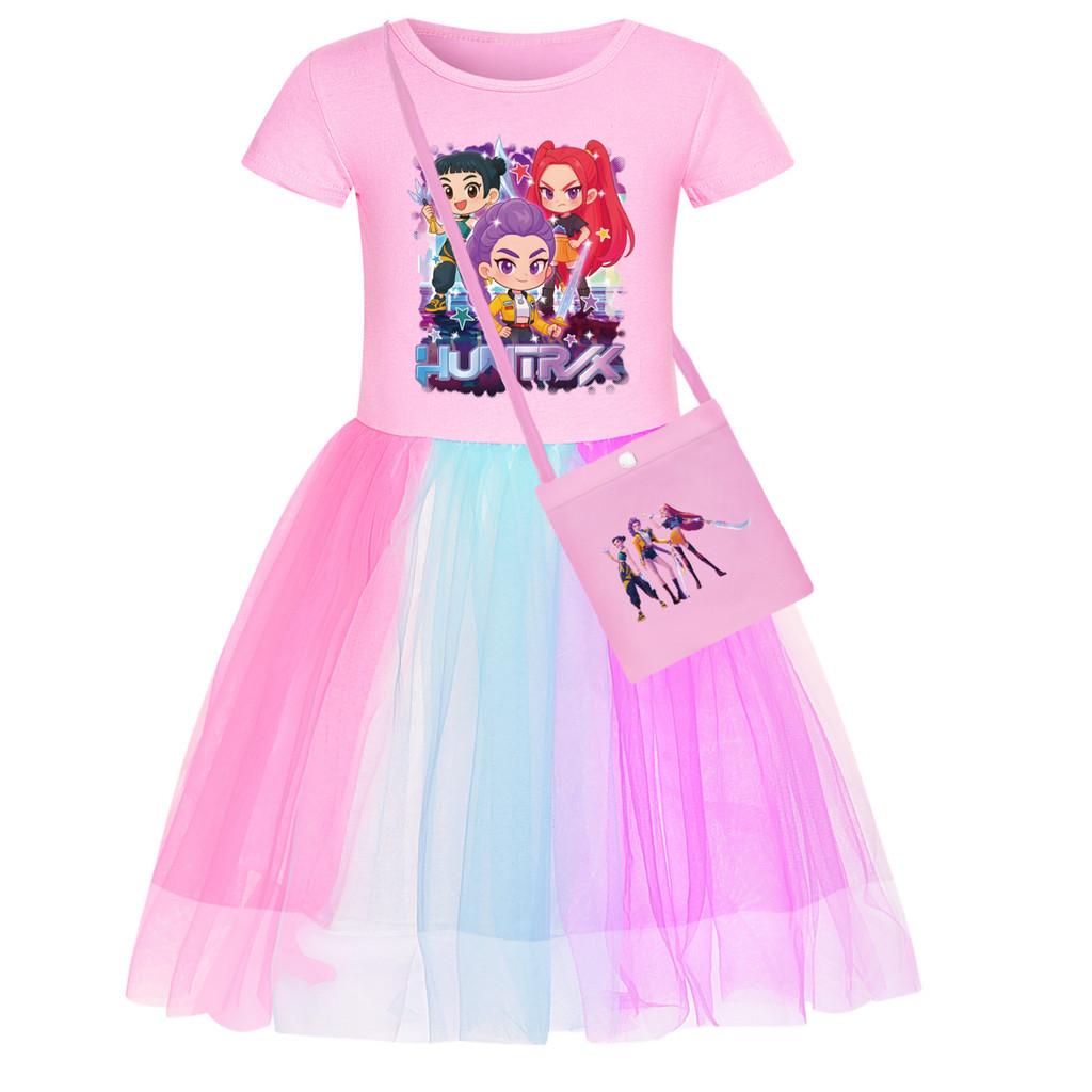 

Детское платье для девочек в стиле аниме, мультяшное, поп-певица, суперзвезда Руми Зои Мира с принтом, сетчатое, радужное, с круглым вырезом, повседневное, хлопковое 120cm