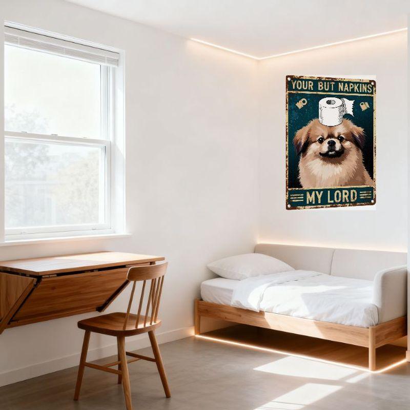 Vintage Distressed Metal Tin Sign 'YOUR BUT NAPKINS MY LORD' with Dog & Toilet Paper, Teal Background, Home/Bar Decor