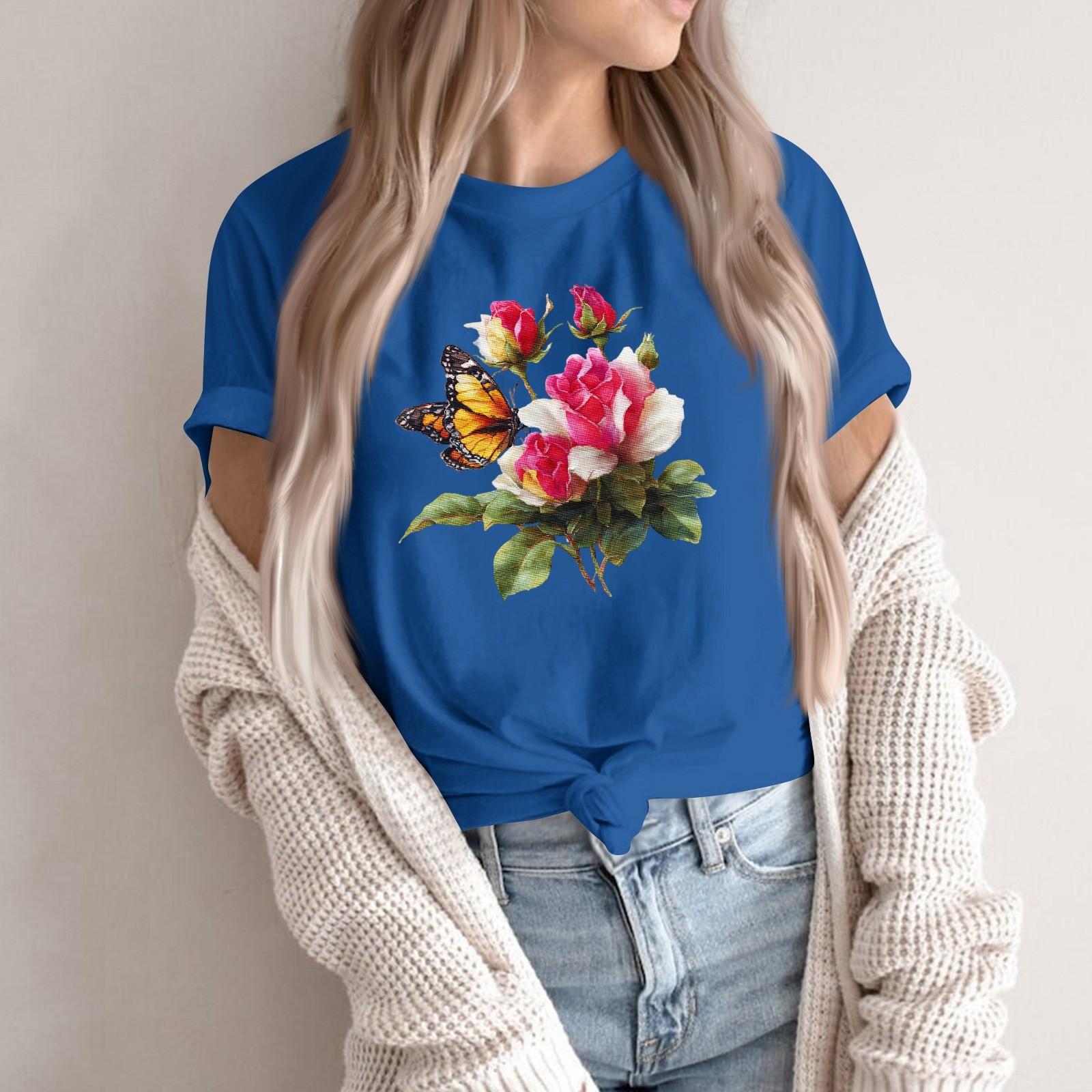 

Women s Fashion Casual Printed Round Neck Short Sleeved Pullover T-Shirt Top S синий