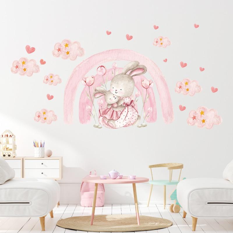Watercolor Cartoon Rabbit Pink Rainbow Clouds Love Wall Stickers for Kids Room Girl Bedroom Nursery Decoration Bunny Wall Decals