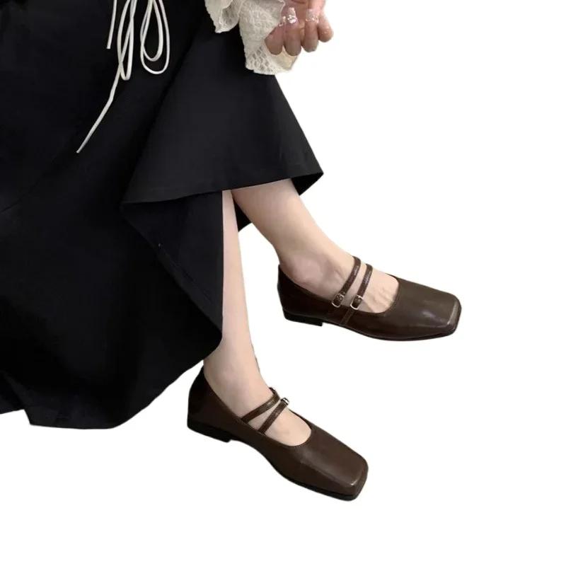 Fashion Women's Shoes 2024 Brand Mary Janes Women's Flats Fashion Buckle Strap Office and Career New Square Toe Flat Low Heels Zapatos