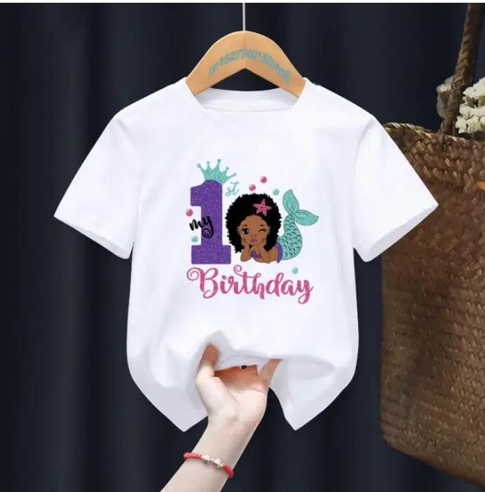 Fashion Personality Casual Loose Cute Black Girl Princess Birthday Digital Print Girl Tshirt Kids Summer polyester fabric 110
