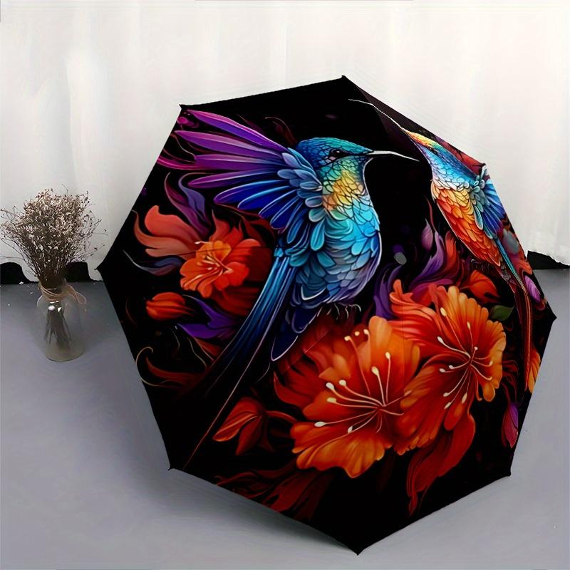 1pc Colorful Hummingbirds Amidst Vibrant Flowers Durable Cartoon Folding Umbrella,Compact Umbrella for Men and Women, Suitable for or Daily Use.N018