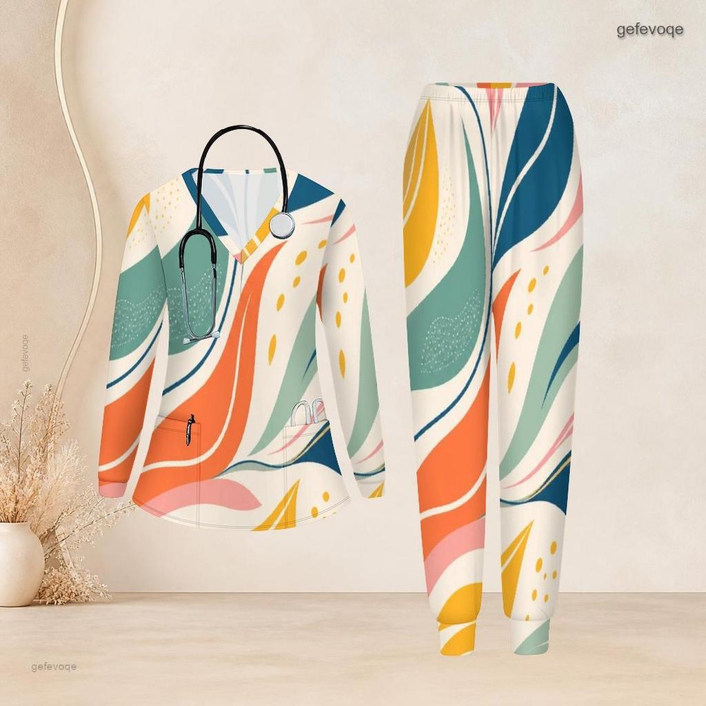 Women Plus Size Printed Nurse Scrub Set V Neck Long Sleeve Pocket Top And Long Pants