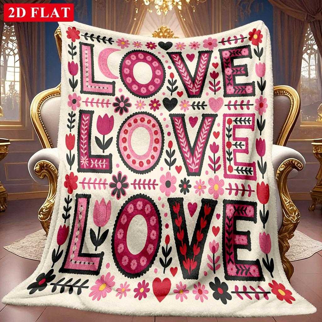 1pc 2D Heart Flower Letter Theme Pattern Flannel Blanket, Soft HD Digital Print, Cooling Blanket All-Season Use! Soft And Breathable 100% Polyester Fi