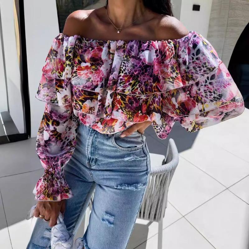 New Spring Off-the-shoulder Floral Printed Layer Ruffled Women Blouse Sexy Long Sleeve One-word Collar Shirt Sweet Loose Casual Tops Clothing