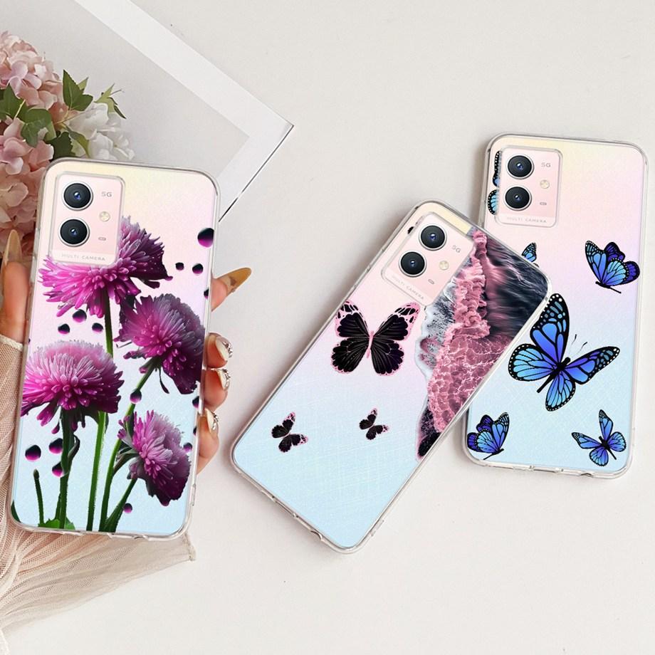 For Vivo Y33s Y55s Y55 Y75 Y21 Y21s Y21G Y21E Y21A Phone Case Floral Butterfly Bow Cat Dragon Bumper Soft Clear Silicone Cover