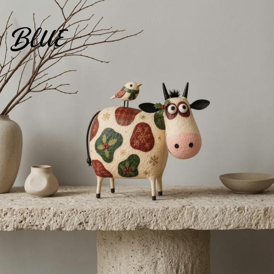 Resin Animal Figurines for Living Room Creative Cow Sculpture with Bird Figurine Pastoral Statue Rustic Modern Farmhouse Interior Decor Artistic