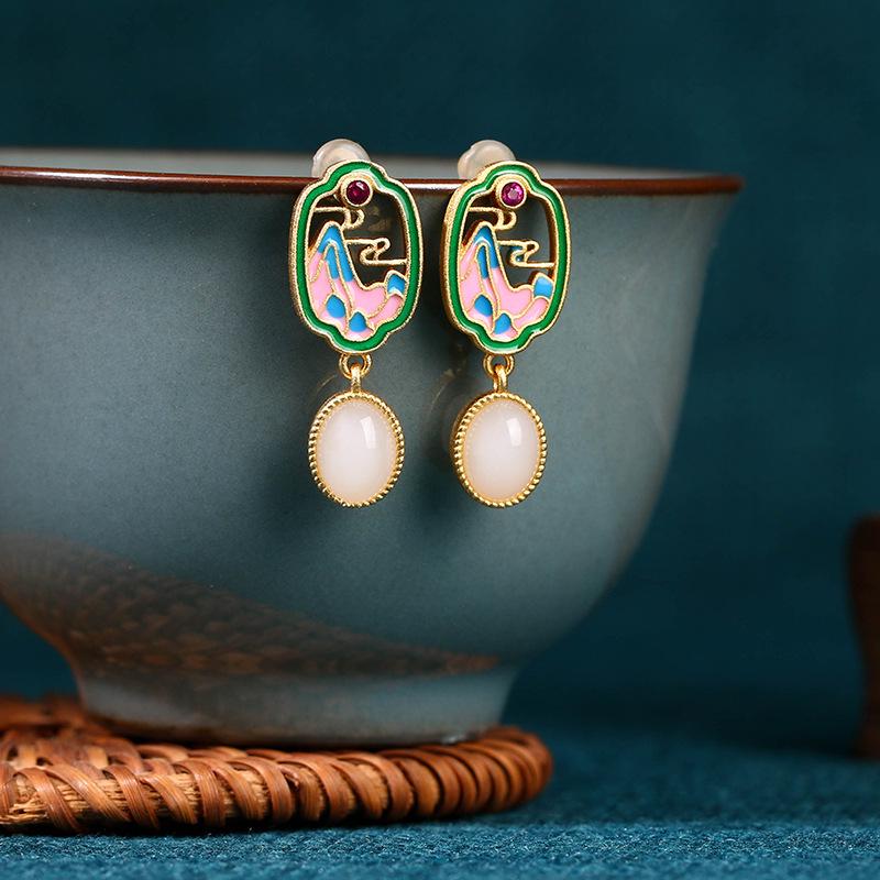 925 Sterling Silver Chinese-Style Enamel and Imitation Jade Dangle Earrings for Women - Retro Niche Design