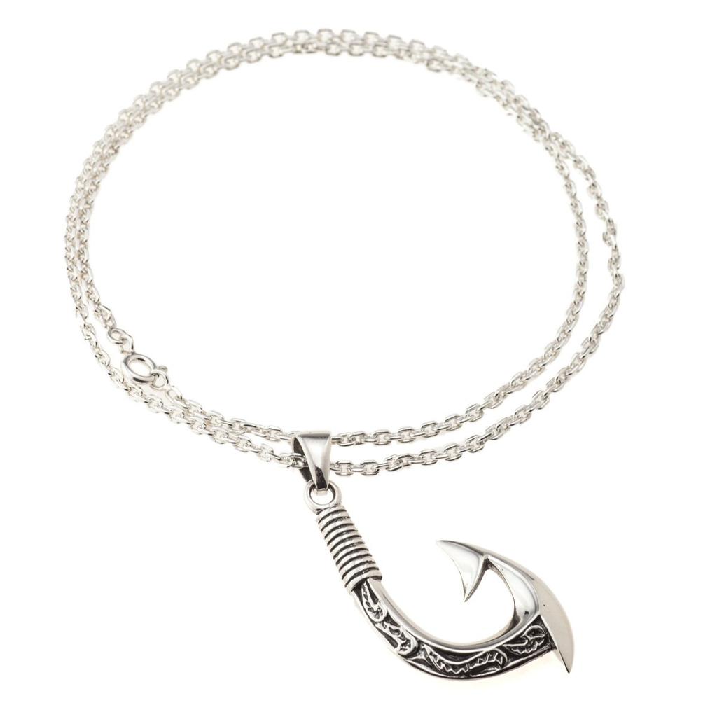 Hawajska biżuteria, haczyk na ryby, naszyjnik ze srebra 925, haczyk na ryby Wave Luck [Ishiki], męski [476svn]