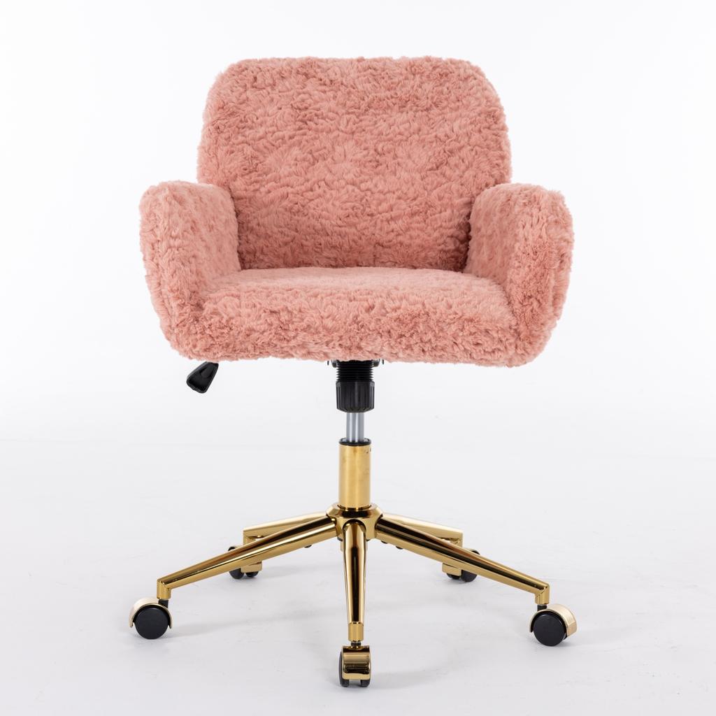 Flauschiger Kunst-Kaninchenfell-Schminktischstuhl, Rosa Höhenverstellbar 360 Grad Drehbar Home-Office-Stuhl mit Armlehne, Goldene Metall-Rollbasis,DE1831PK
