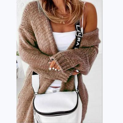 Women's Knitted Long Sleeve Mid-Length Cardigan Sweater for Autumn and Winter