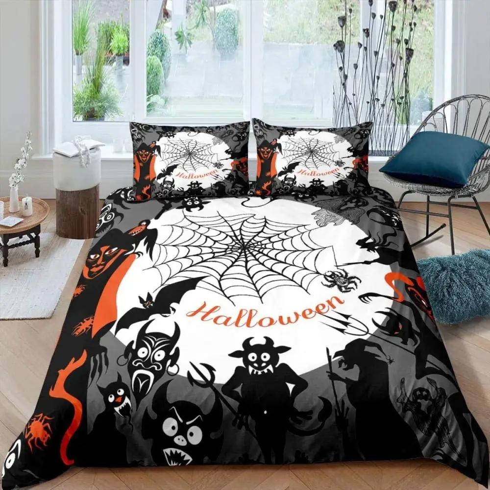 Happy Halloween Spider Web Bats 3D Print Bedding Set Cozy Soft Duvet Cover King Queen Twin Size for Halloween Bedroom Decoration
