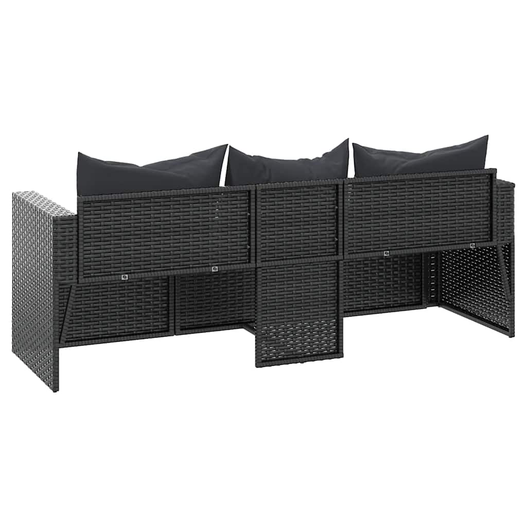 Vidaxl 3-Seater Garden Sofa With Cushions, Black, Poly Rattan