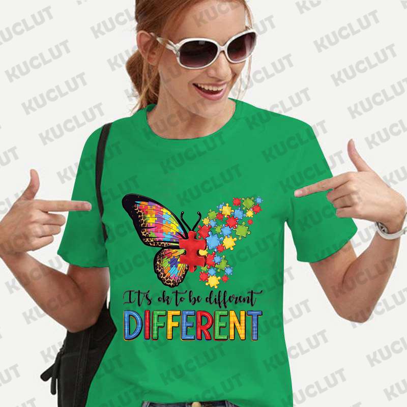 Its Okay To Be Different Autism Butterfly Shirt for Women Butterfly T-shirt Autism Acceptance Tshirt Short Sleeve Graphic Tops