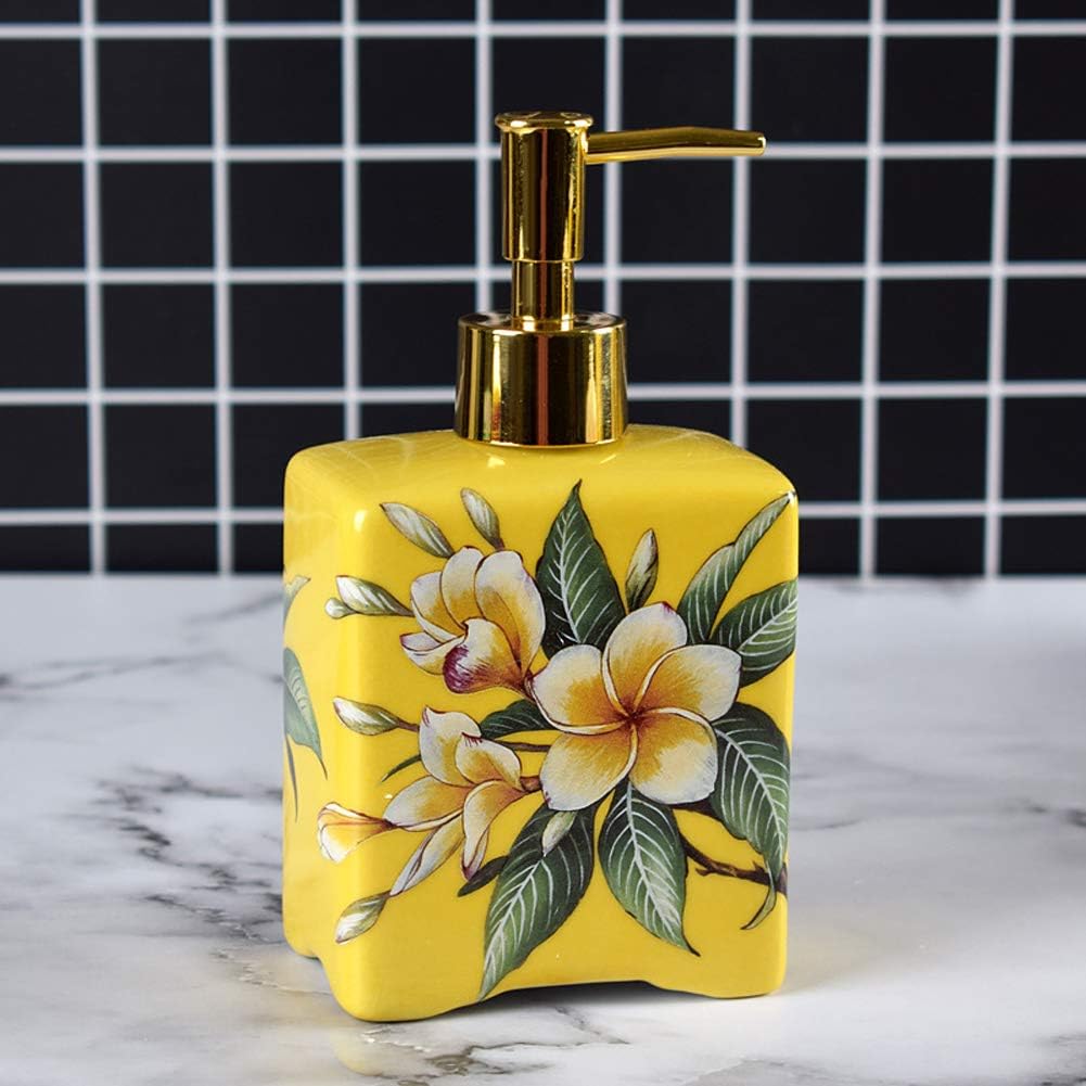 Ceramic Painting Soap Dispenser Bottles Countertop Decorative Lotion Pump (Frangipane Yellow)