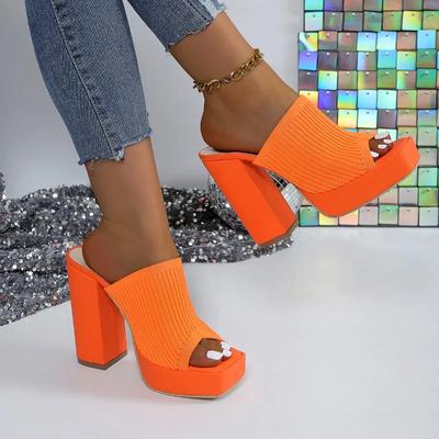 Fashion Square Head Platform 13CM Thick High Heels Slippers for Womens Sandals One Word Knitted Peep Toe Casual Beach Shoes Outdoor