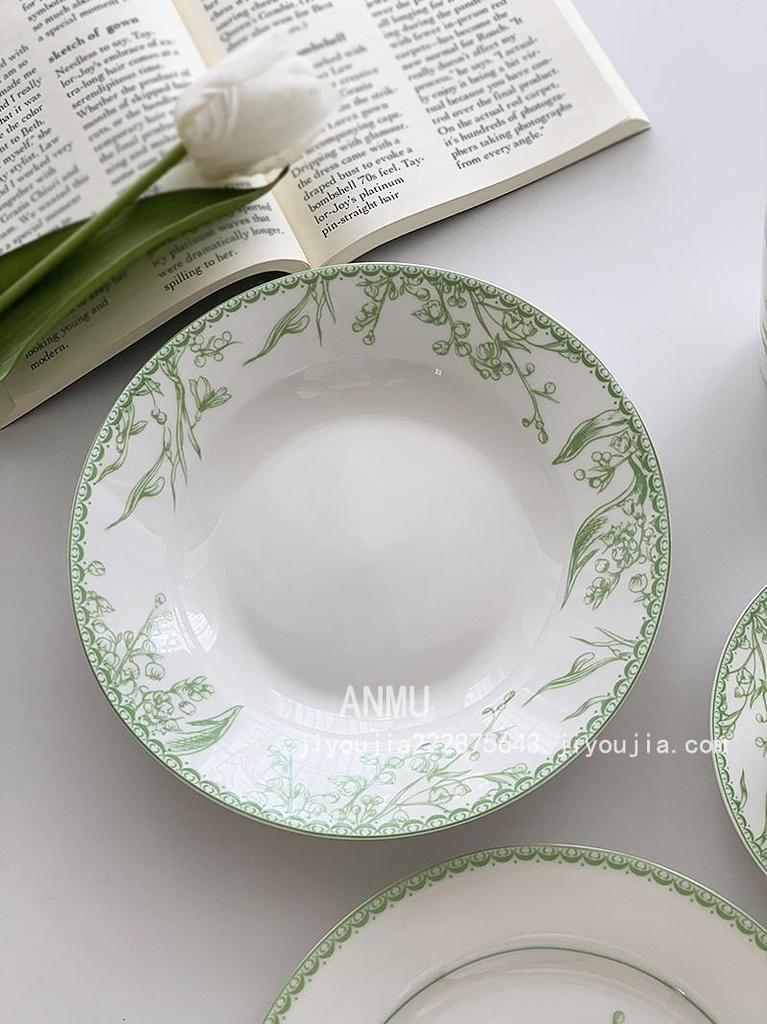 Anmu Hochwertiges pastorales grünes Maiglöckchen Keramikbecher & Speiseteller Set