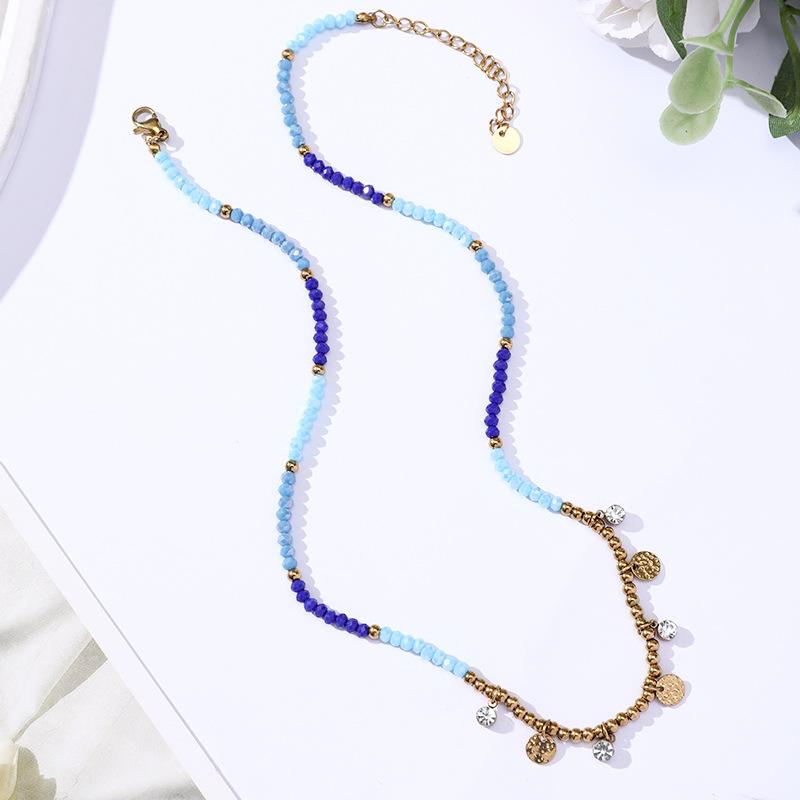 Vintage Multicolor Crystal Handmade Beaded Titanium Steel Round Pendant Clavicle Necklace For Women