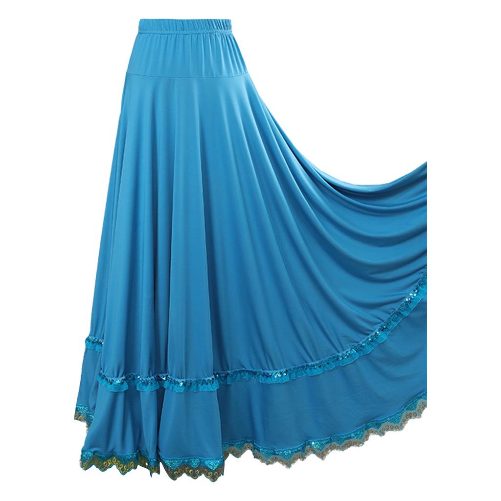 Gonna da ballo a ruota intera professionale per donna: Vita Alta Elastica con Bordino in Pizzo Arricciato per Quadriglia, Ballo da Sala & Flamenco