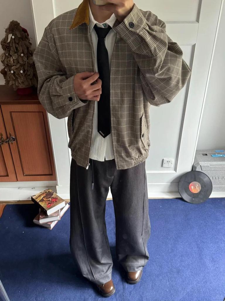 Premium Prince of Wales Check Corduroy Harrington Jacket with Contrasting Collar for Versatile Old Money Style Commuting.