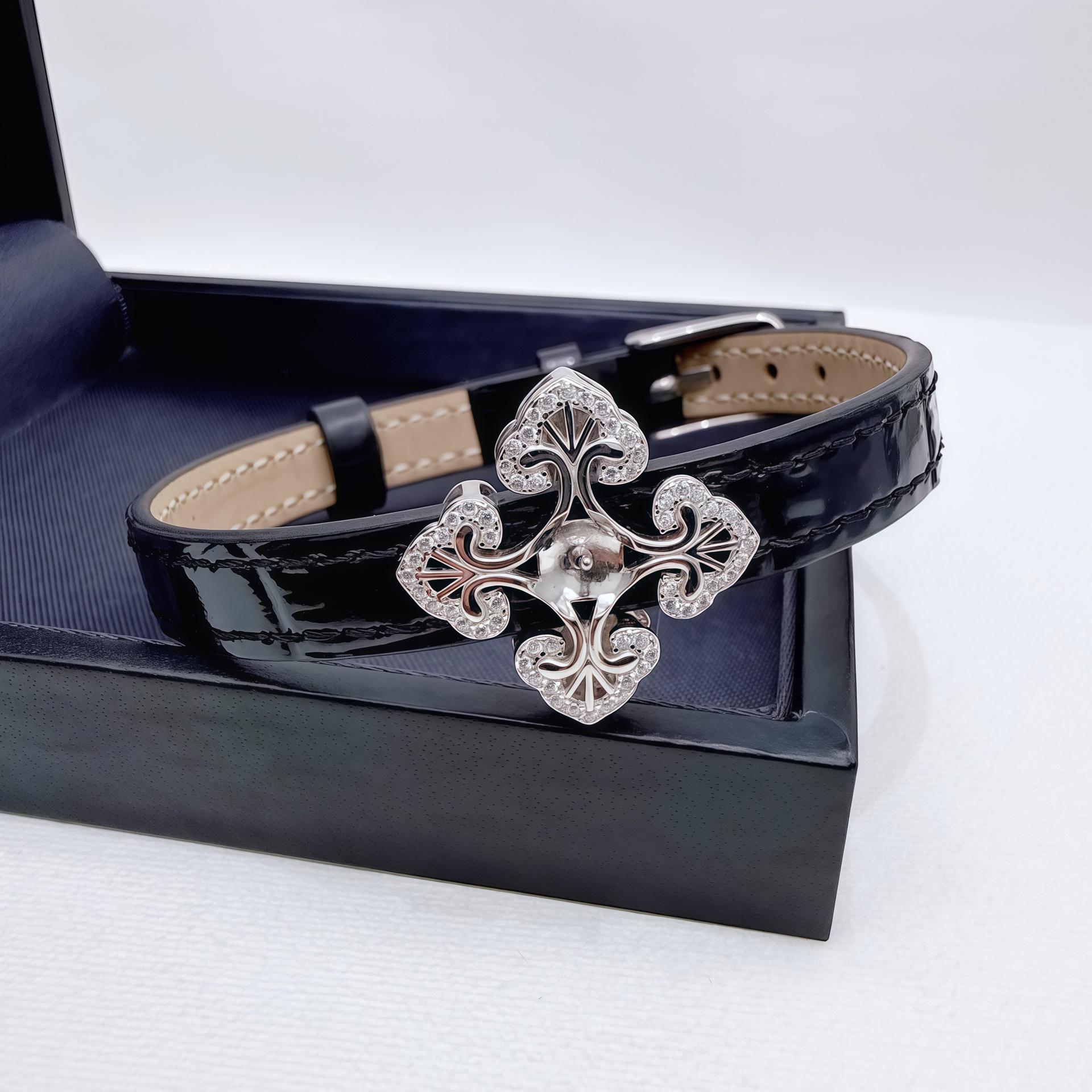 S925 Sterling Silver Filigree Pendant Charm with Genuine Leather Bracelet for 6-9mm Pearls